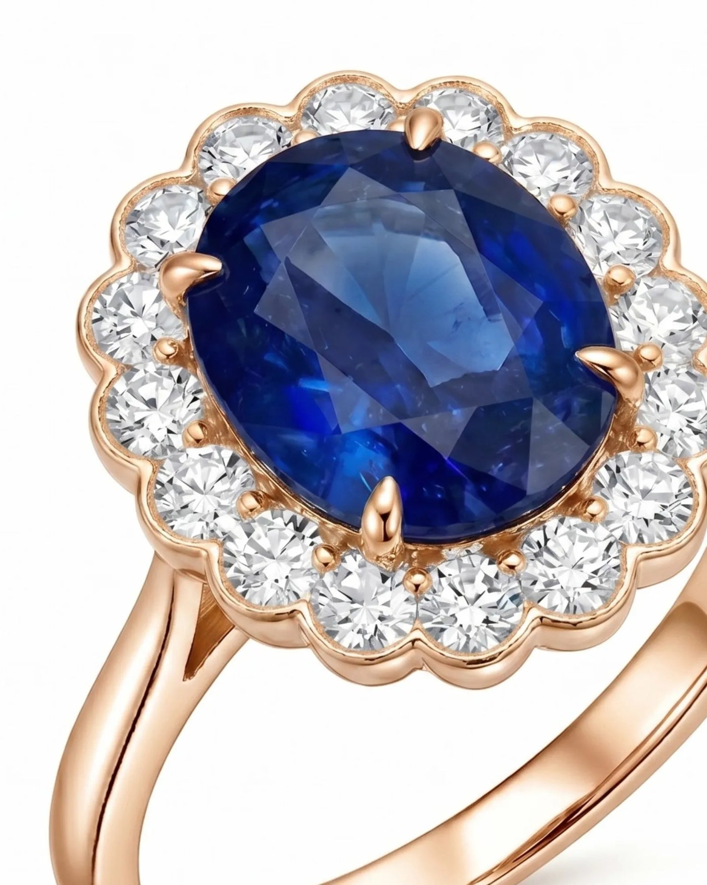 Sapphire and diamond anniversary ring with vintage floral halo in 18K rose gold | SARATTI