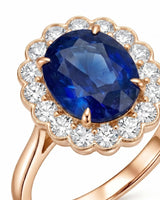 Sapphire and diamond anniversary ring with vintage floral halo in 18K rose gold | SARATTI