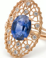 Sapphire and diamond cocktail ring with vintage filigree design in rose gold - SARATTI