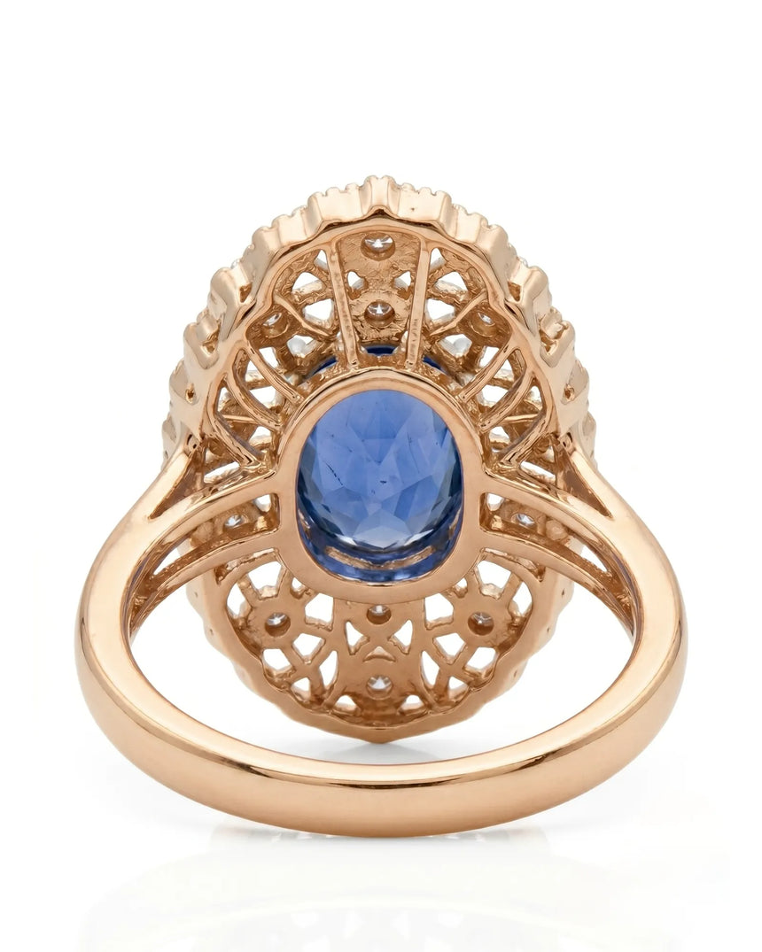 Sapphire and diamond cocktail ring with vintage filigree design in rose gold | SARATTI