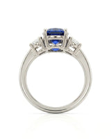 Sapphire and diamond engagement ring with classic three-stone design in platinum | SARATTI