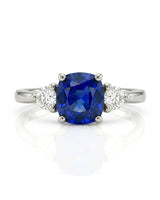 Sapphire and diamond engagement ring with classic three-stone design in white gold | SARATTI