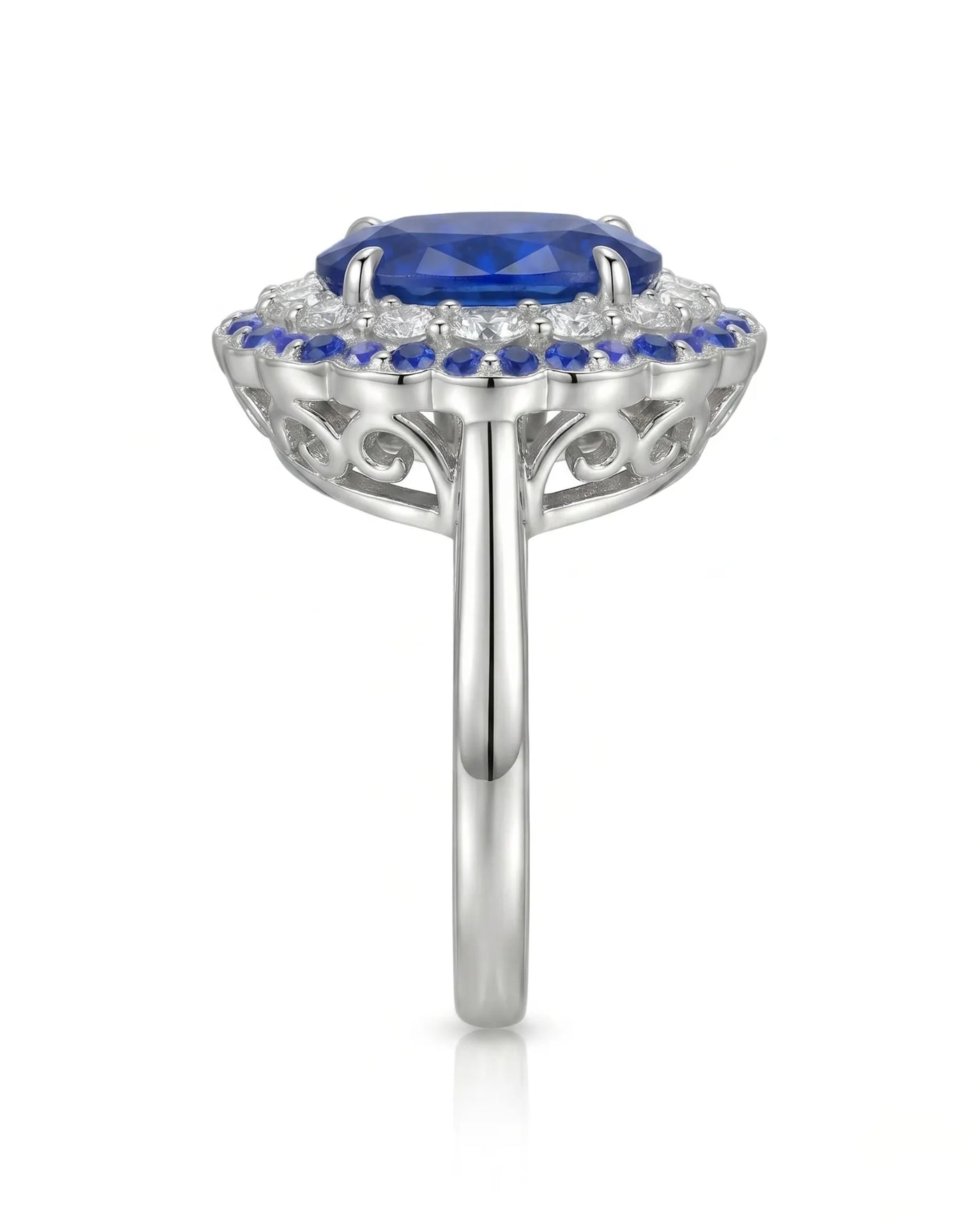 Sapphire and diamond engagement ring with double halo design in 18K white gold-| SARATTI