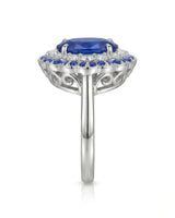 Sapphire and diamond engagement ring with double halo design in 18K white gold-| SARATTI