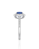 Sapphire and diamond engagement ring with double halo design in 18K white gold | SARATTI