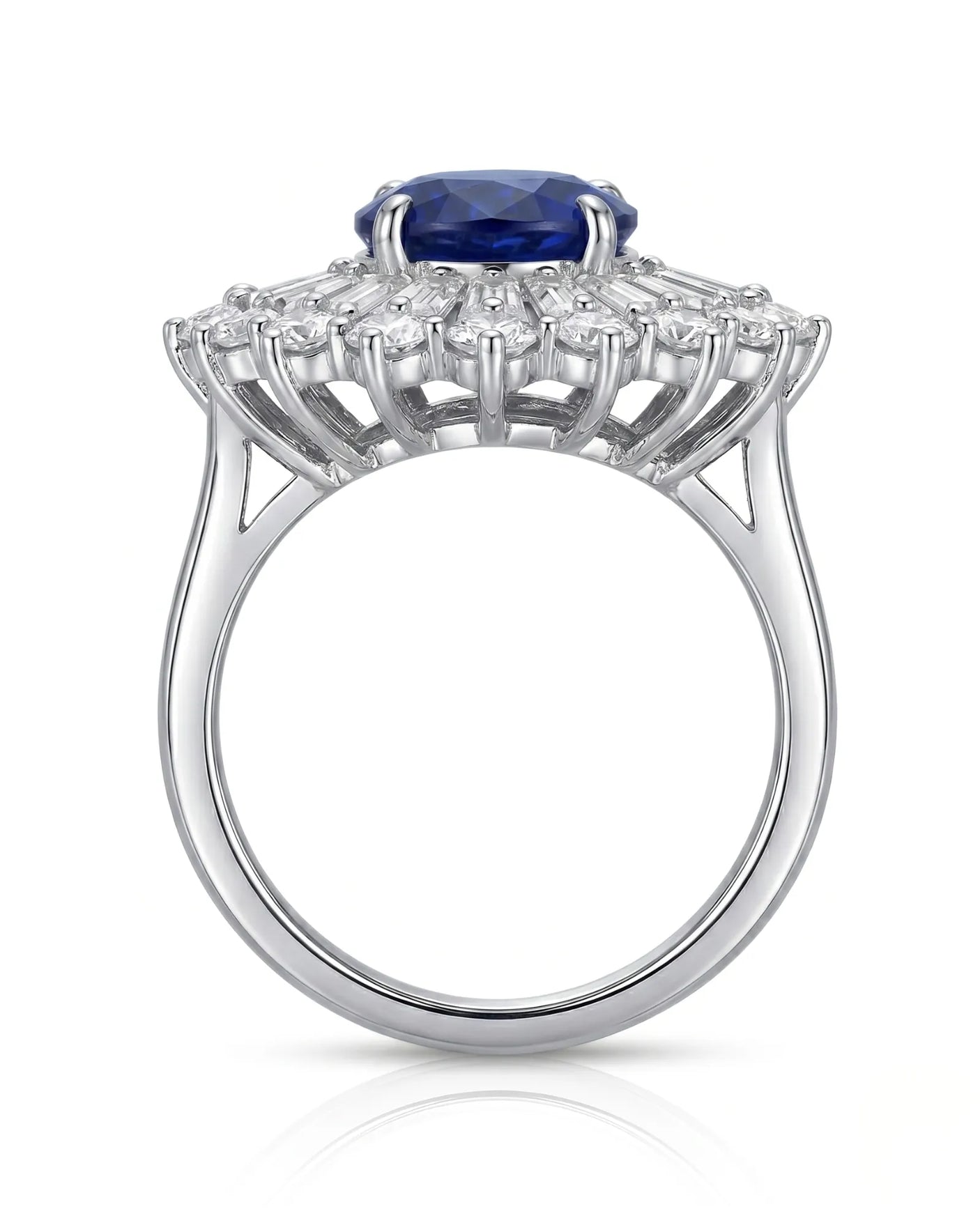 Sapphire and diamond engagement ring with dramatic halo design in platinum | SARATTI