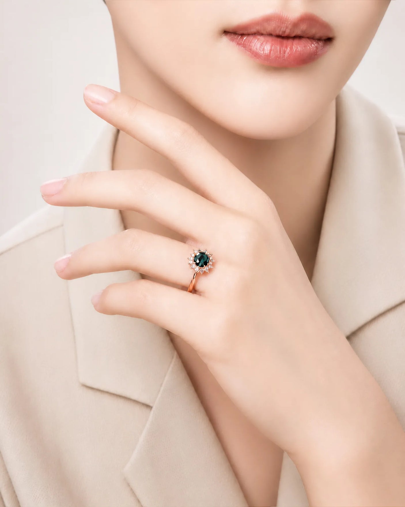 Sapphire and diamond engagement ring with floral crown design in 18K rose gold | SARATTI