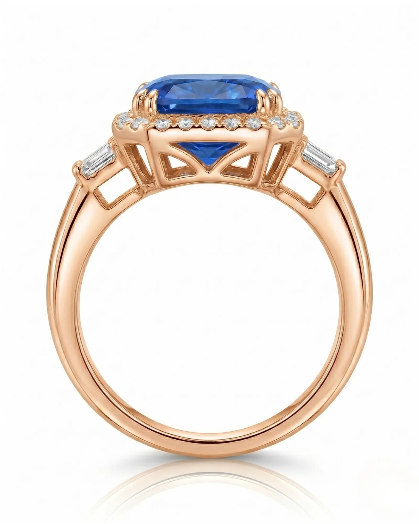 Sapphire and diamond engagement ring with heirloom halo design in 18K rose gold | SARATTI