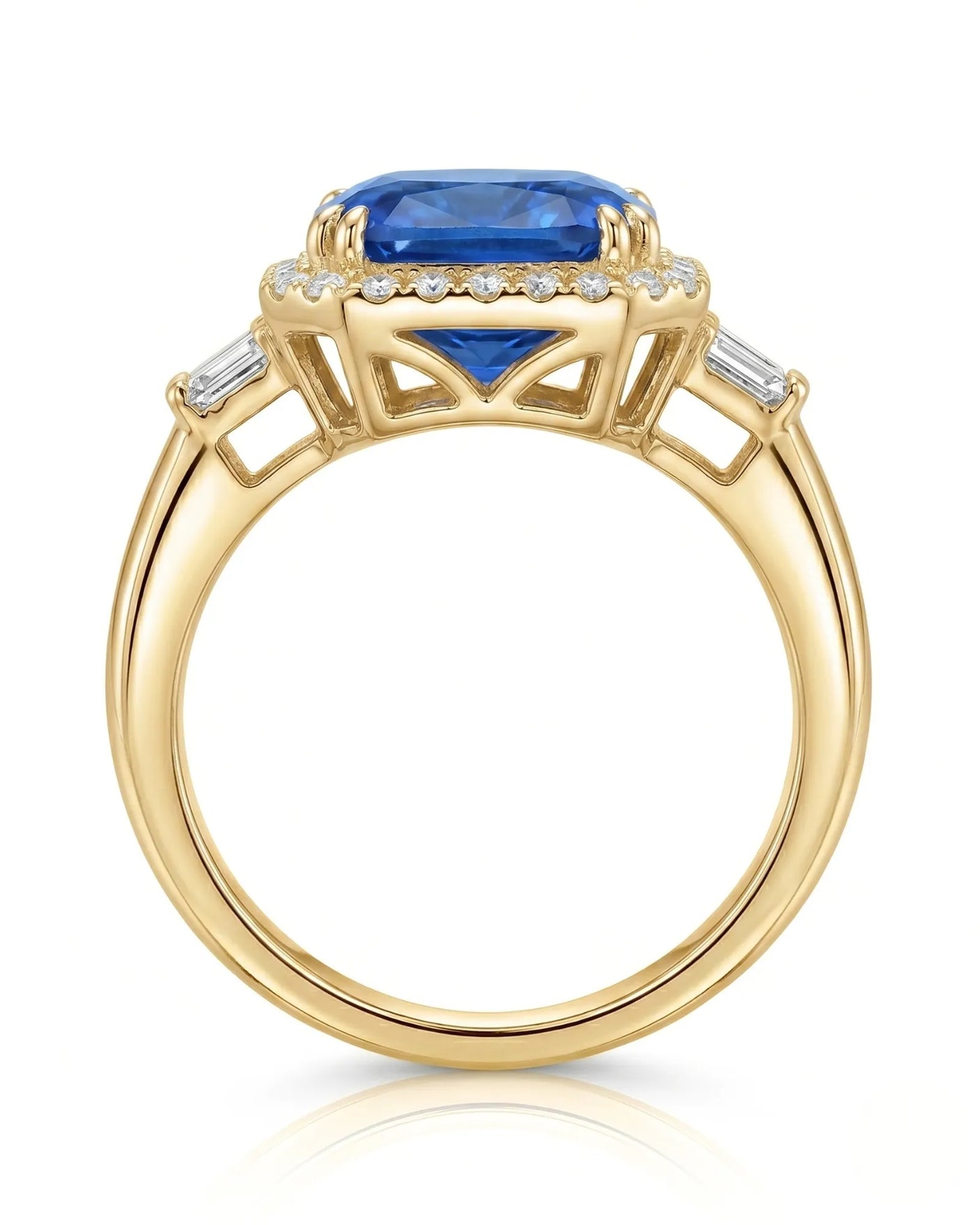 Sapphire and diamond engagement ring with heirloom halo design in 18K yellow gold | SARATTI