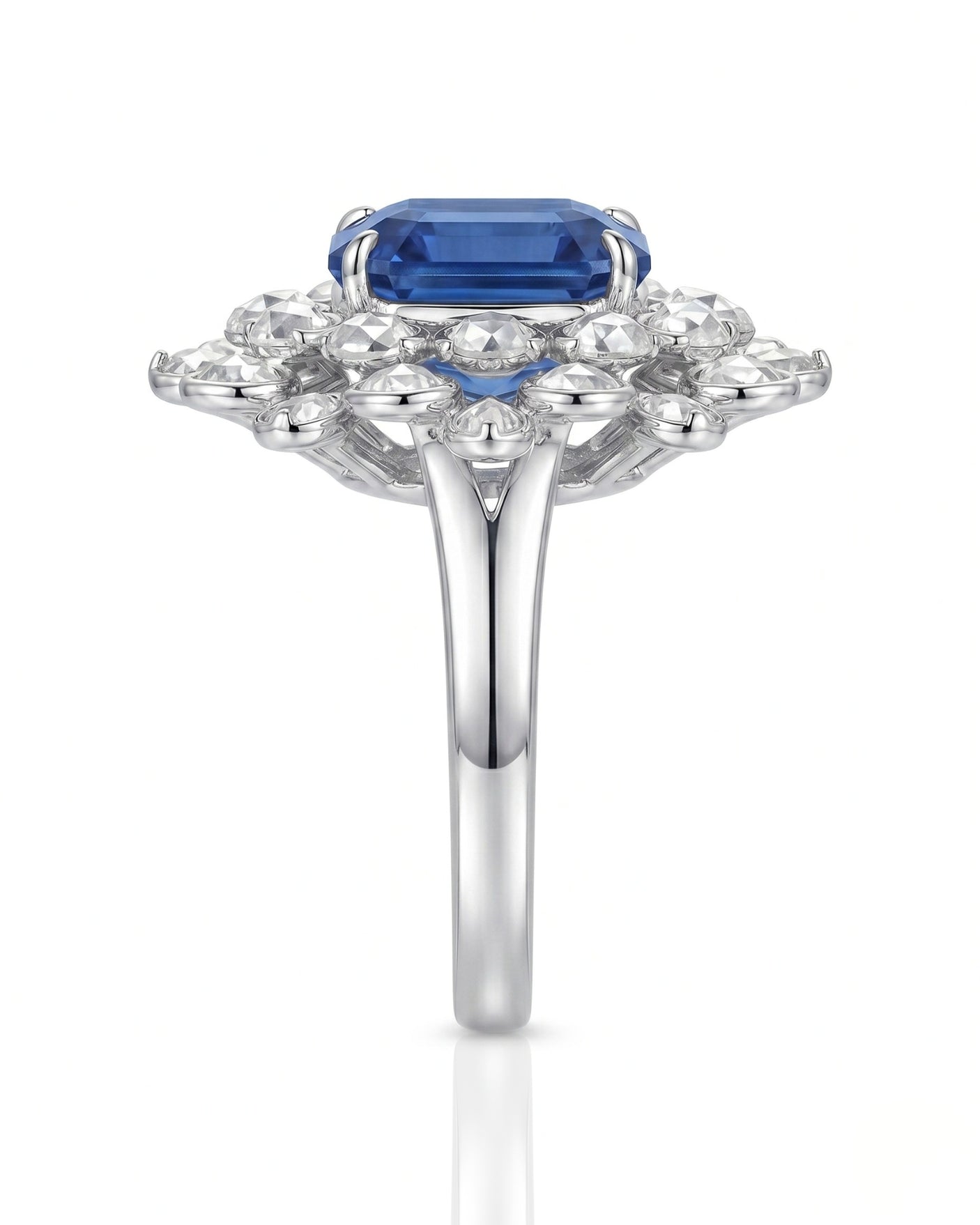 Sapphire and diamond engagement ring with regal floral design in 18K white gold | SARATTI