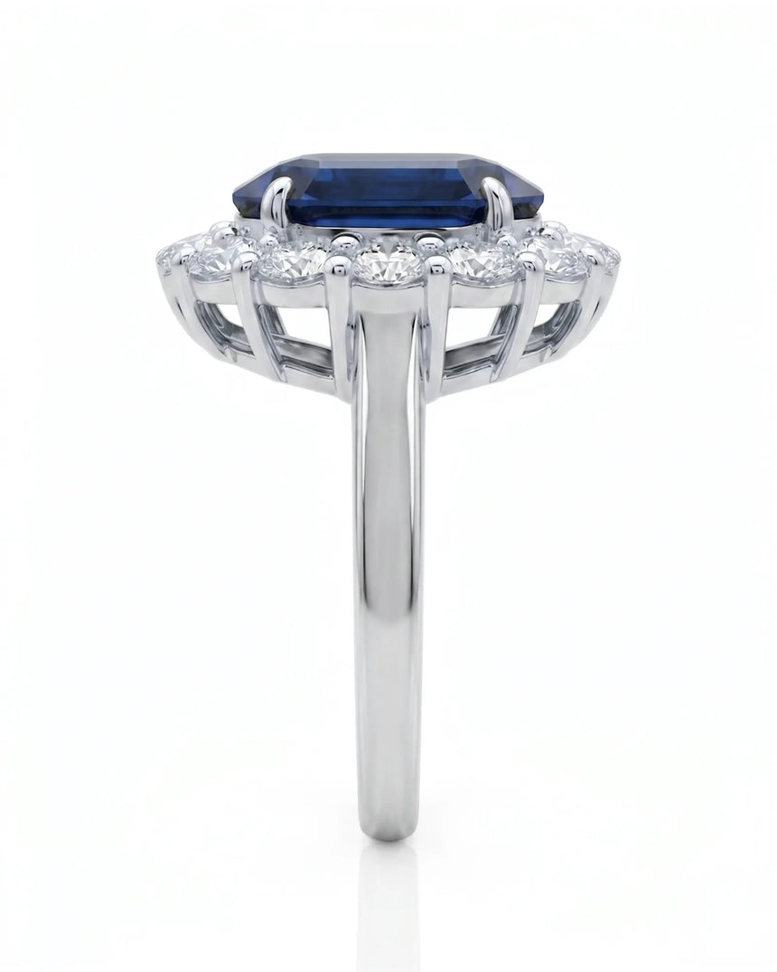 Sapphire and diamond engagement ring with romantic halo design in 18K white gold | SARATTI