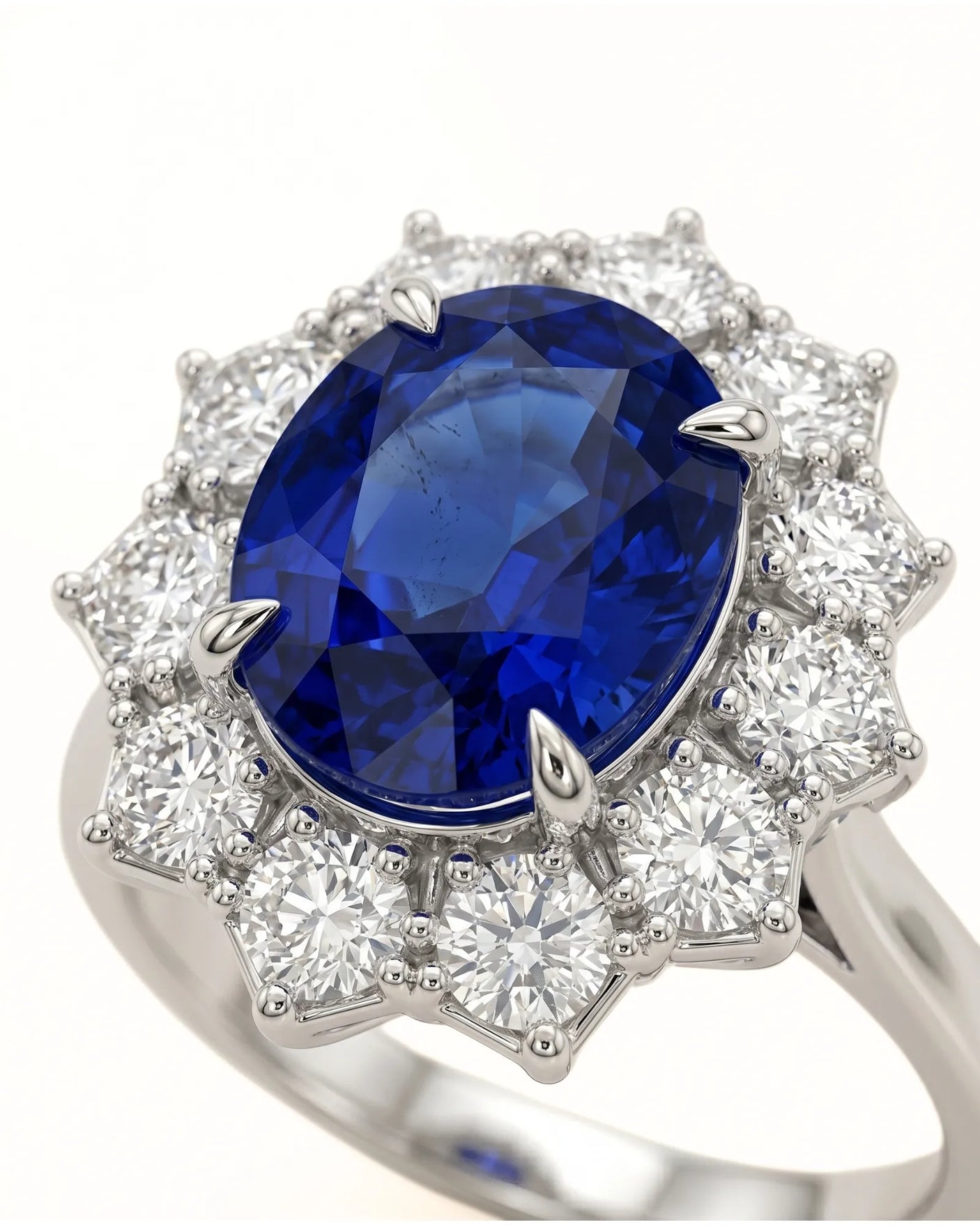 Sapphire and diamond engagement ring with scalloped halo in 18K white gold | SARATTI