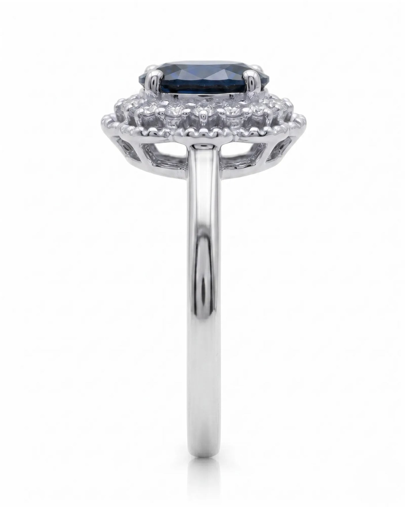 Sapphire and diamond engagement ring with scalloped halo in white gold | SARATTI