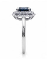 Sapphire and diamond engagement ring with scalloped halo in white gold | SARATTI