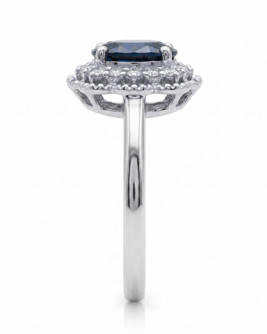 Sapphire and diamond engagement ring with scalloped halo in white gold | SARATTI