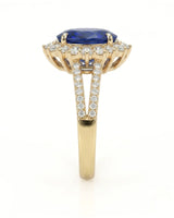 Sapphire and diamond engagement ring with split shank band in 18K yellow gold | SARATTI