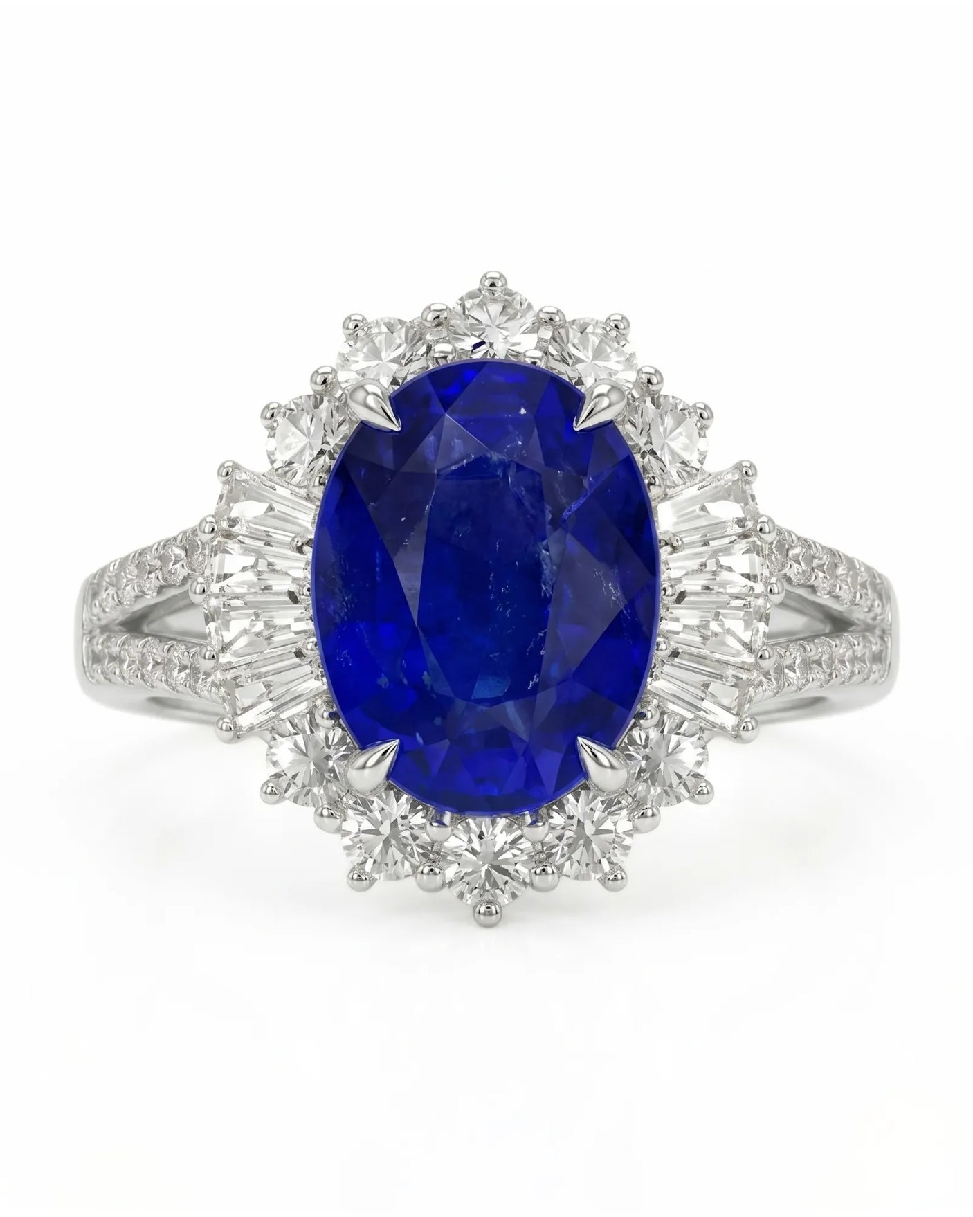 Sapphire and diamond engagement ring with split shank band in platinum | SARATTI