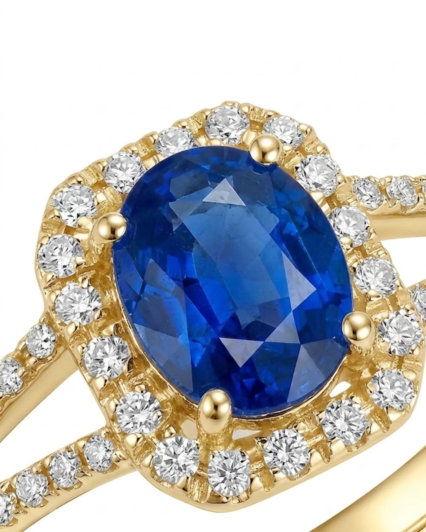 Sapphire and diamond engagement ring with split shank halo in 18K yellow gold | SARATTI