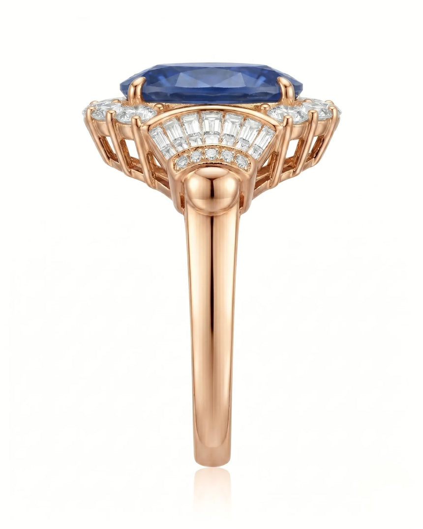 Sapphire and diamond engagement ring with structured shoulders in rose gold | SARATTI