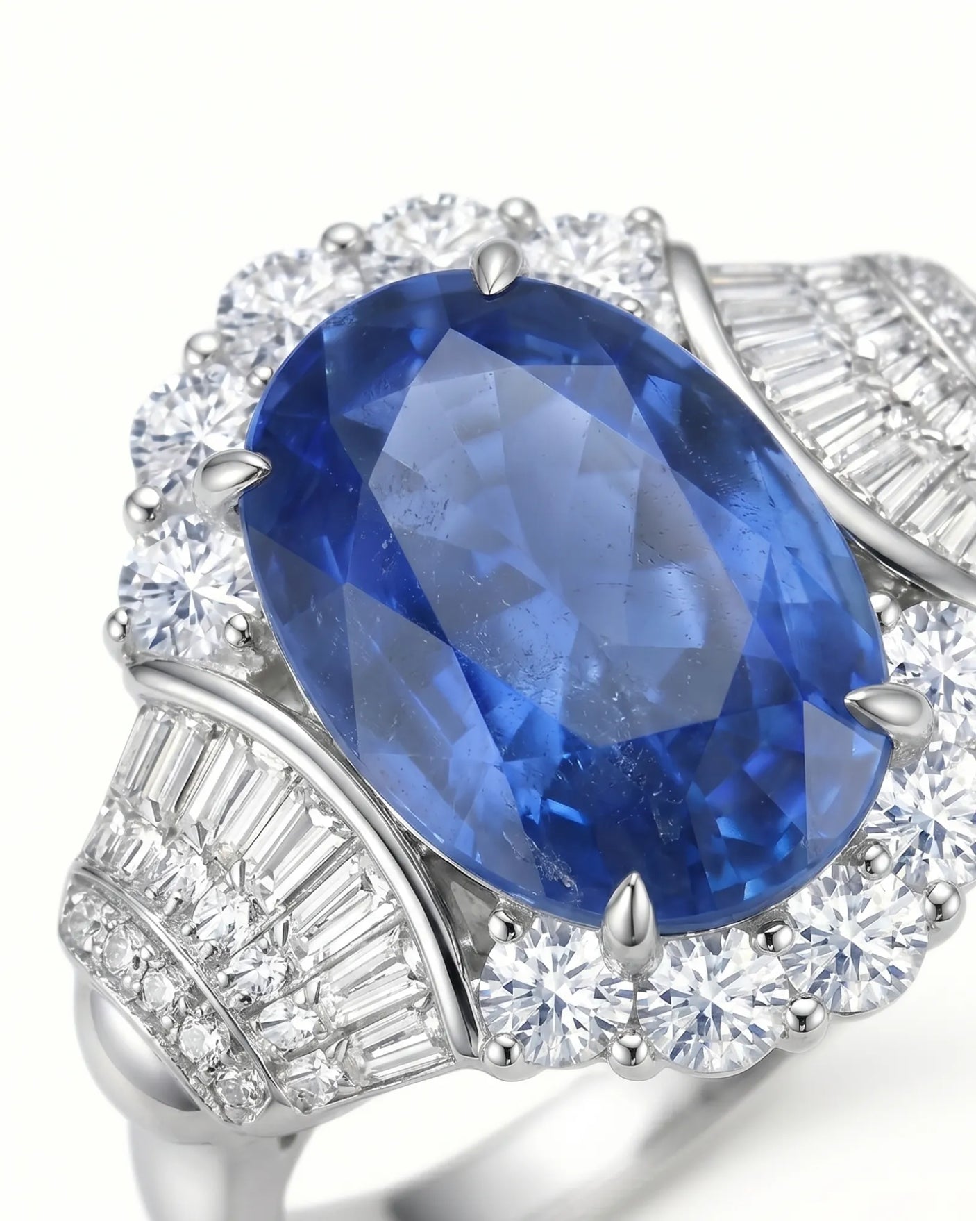 Sapphire and diamond engagement ring with structured shoulders in white gold | SARATTI