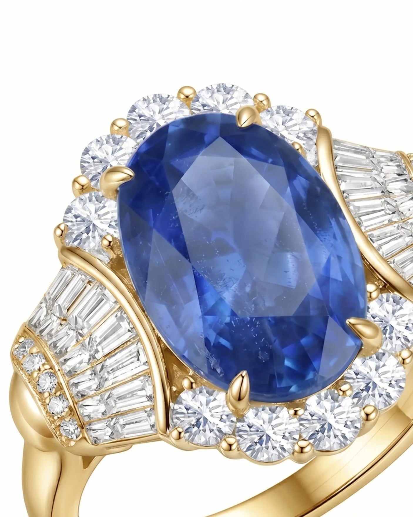 Sapphire and diamond engagement ring with structured shoulders in yellow gold | SARATTI