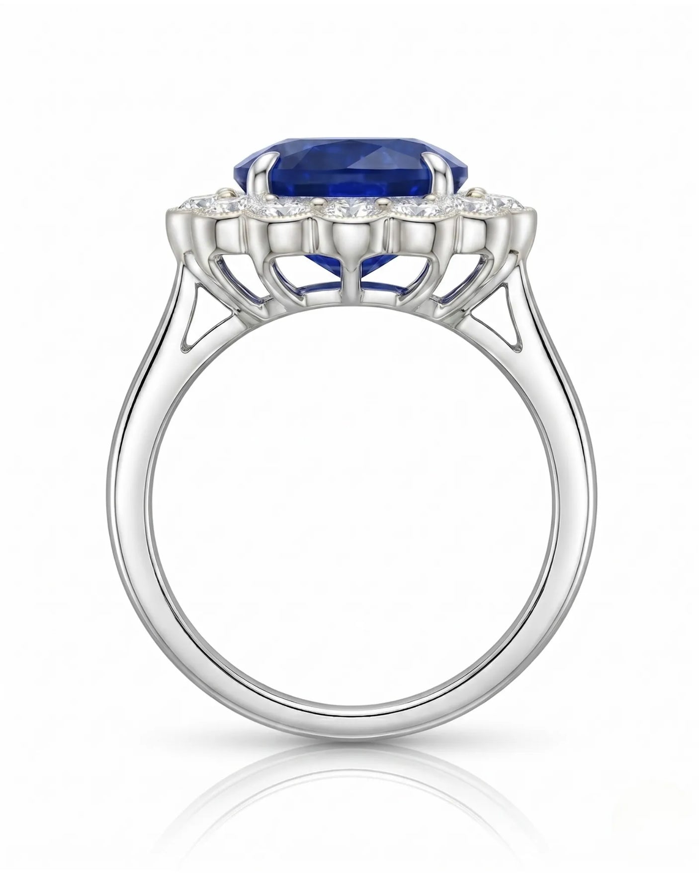 Sapphire and diamond engagement ring with vintage floral halo in 18K white gold | SARATTI