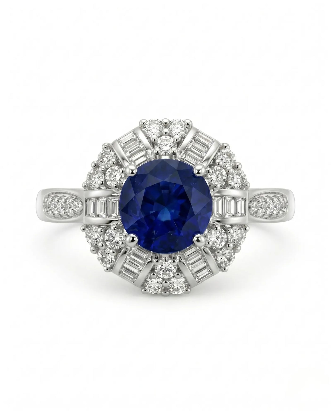 Sapphire and diamond engagement ring with vintage halo design in platinum - SARATTI