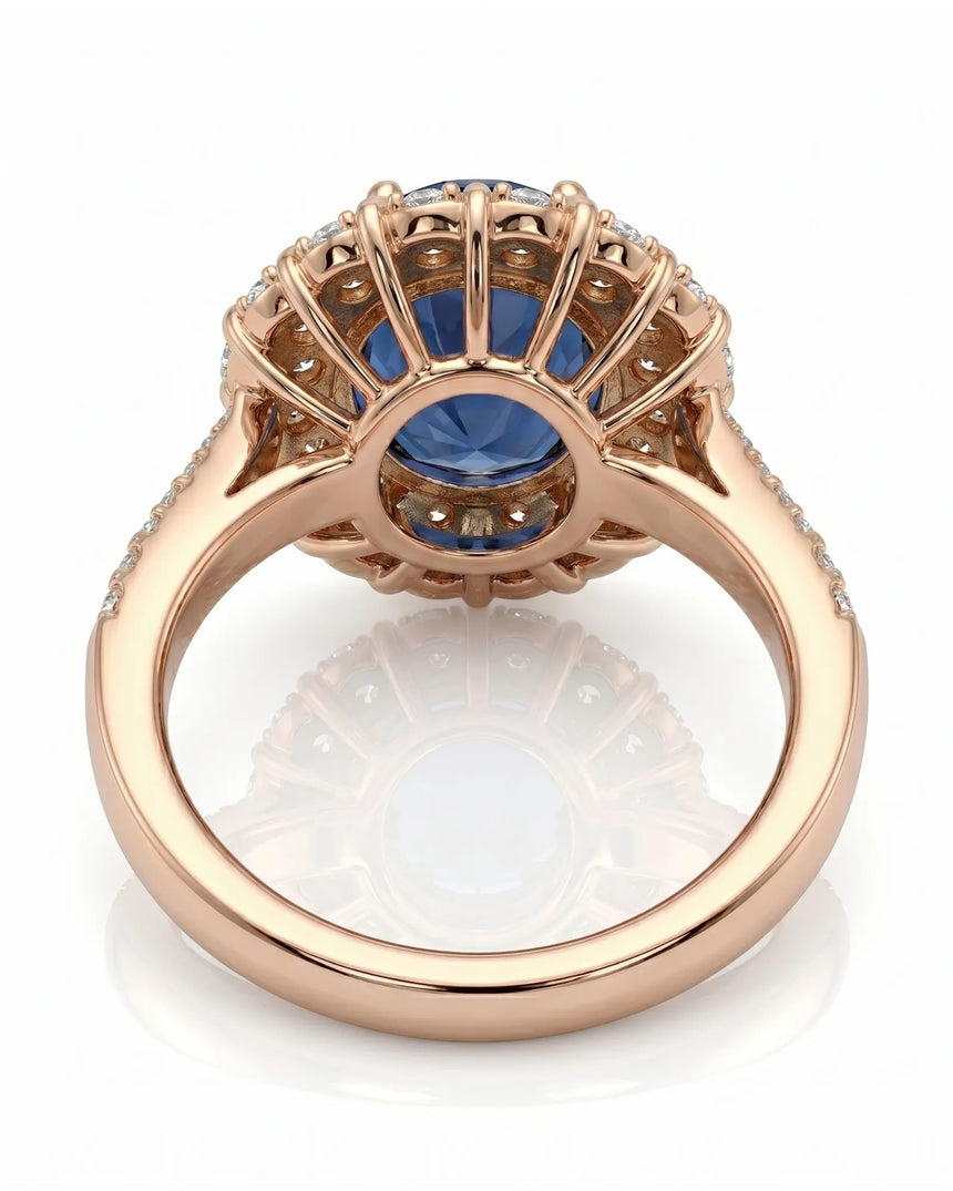 Sapphire and diamond engagement ring with vintage halo in 18K rose gold | SARATTI
