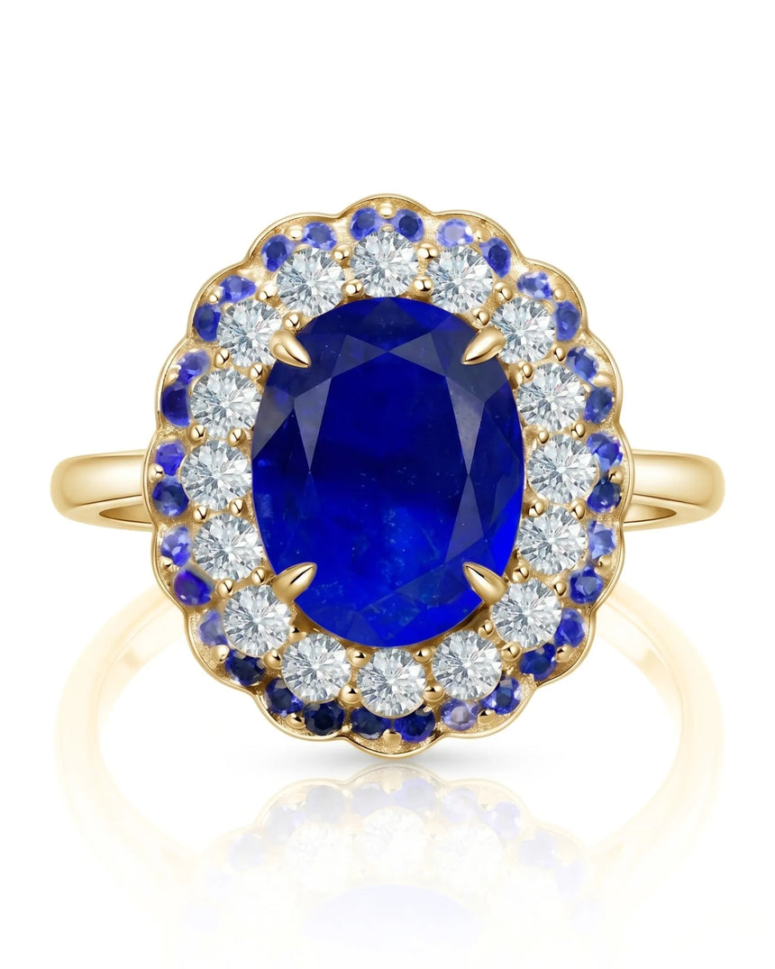 Sapphire and diamond gift ring with double halo design in 18K yellow gold | SARATTI