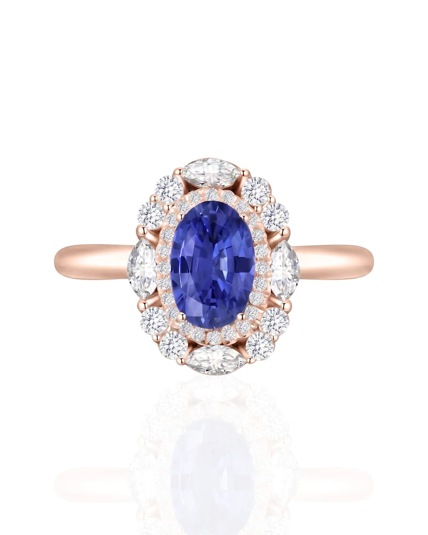 Sapphire and diamond promise ring with timeless halo in 18K rose gold | SARATTI