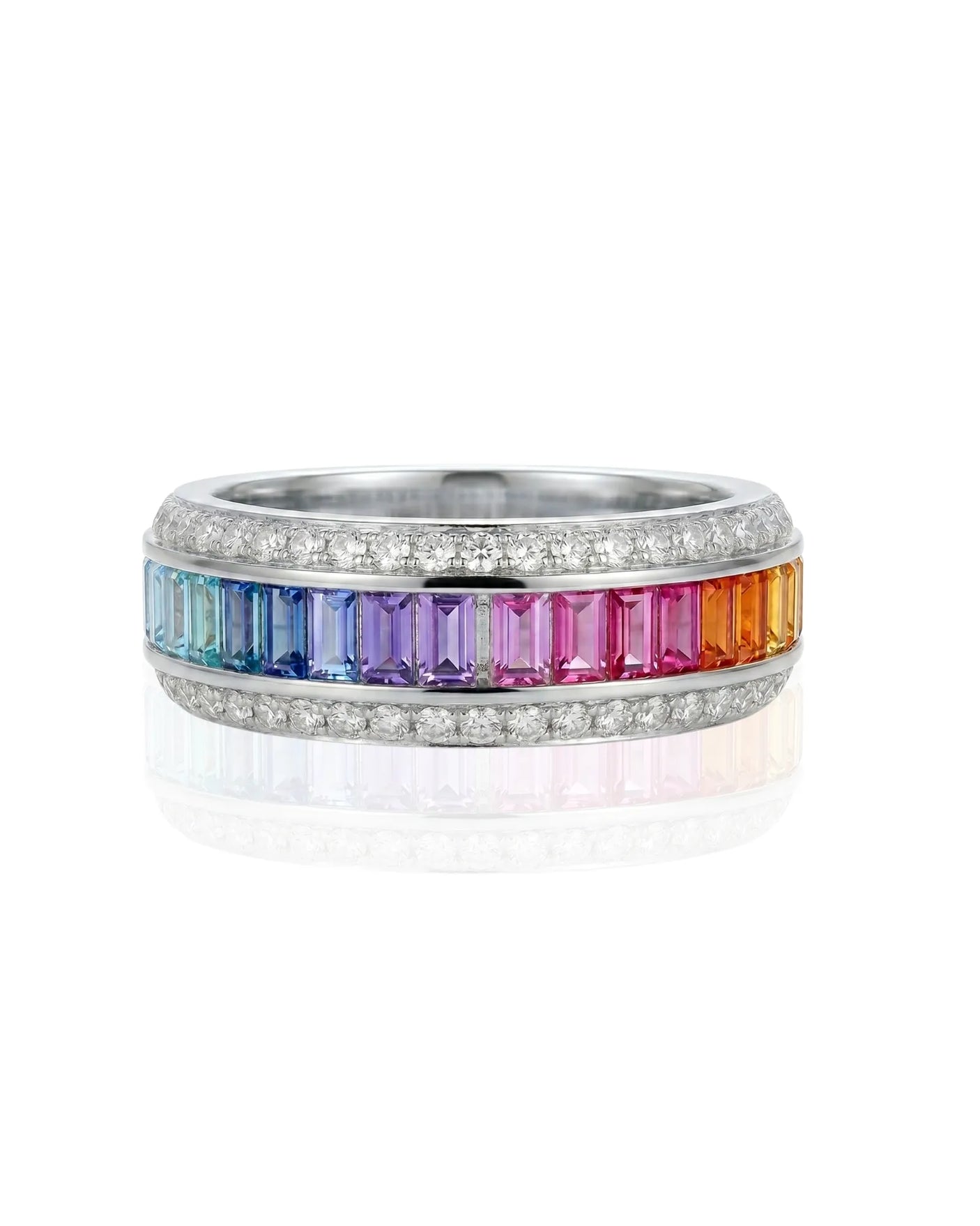 Sapphire and diamond wedding band with colorful gradient design in 18K white gold | SARATTI