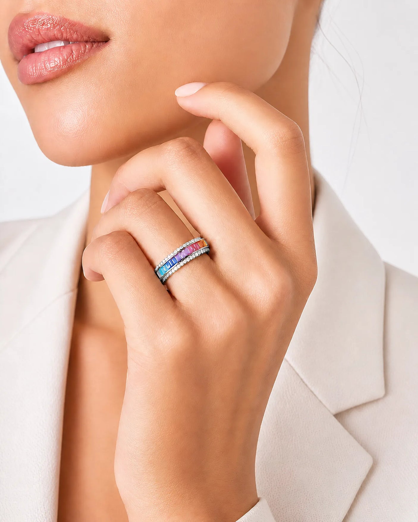 Sapphire and diamond wedding band with colorful gradient design in platinum | SARATTI