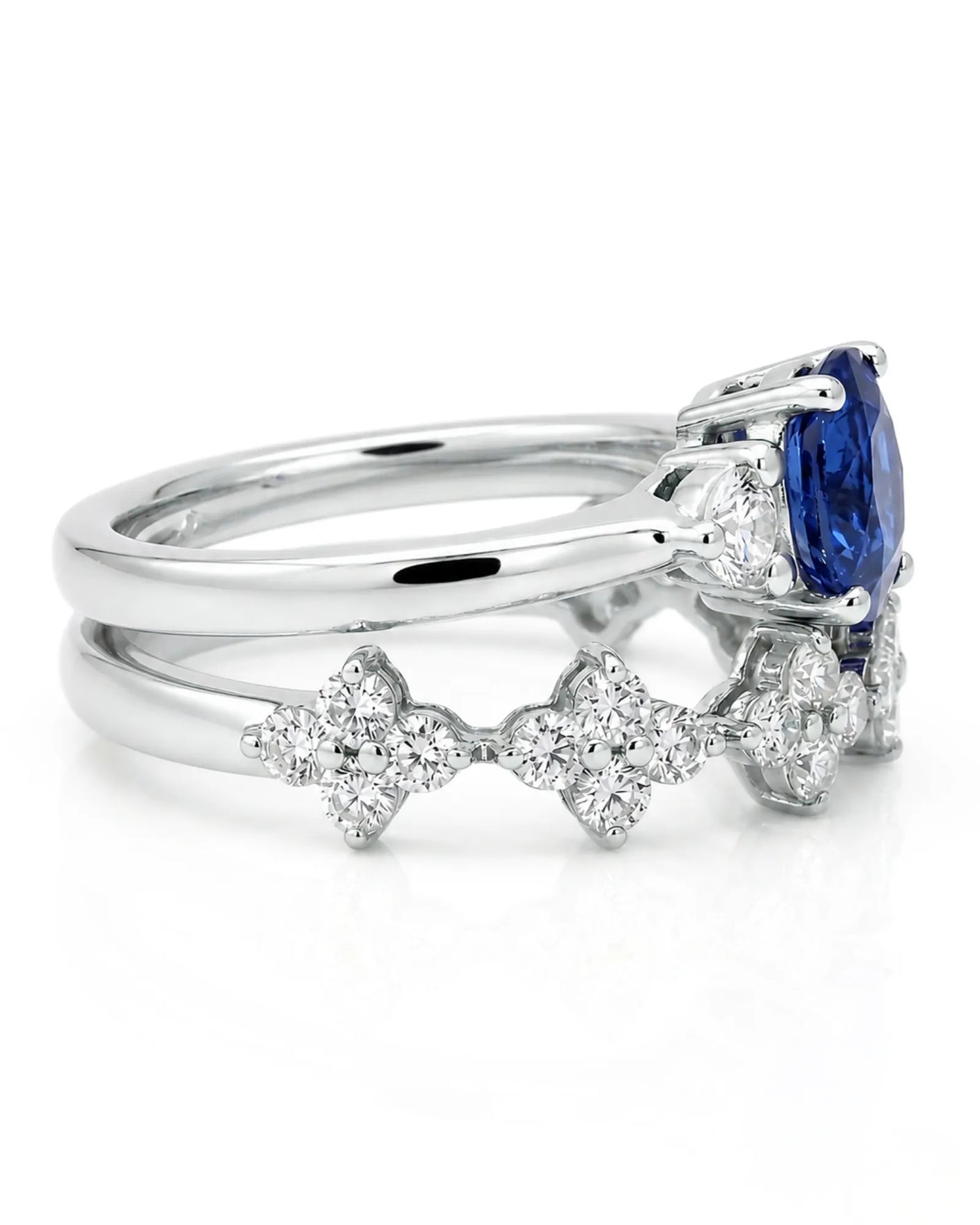 Sapphire bridal wedding set with curved diamond band for engagement in platinum | SARATTI