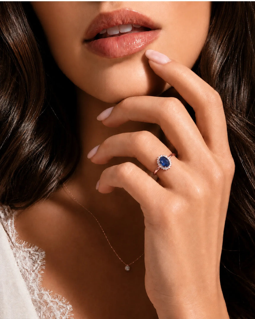 Sapphire promise ring for meaningful gifting with diamond halo in rose gold | SARATTI