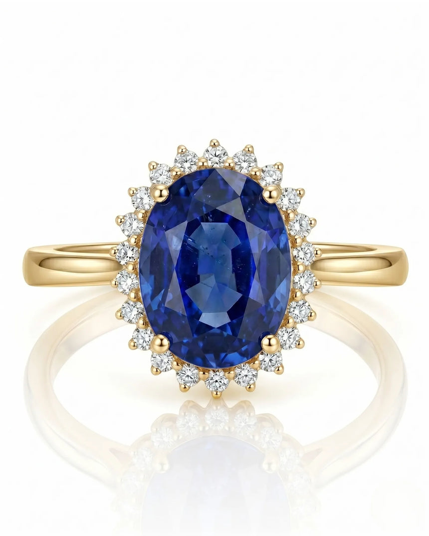 Sapphire promise ring for meaningful gifting with diamond halo in yellow gold | SARATTI