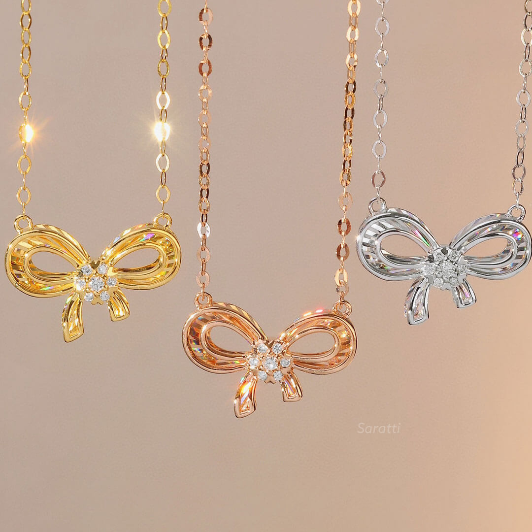 Rose, White and Yellow Gold Ribbon Inspired Diamond Drop Necklaces | Saratti