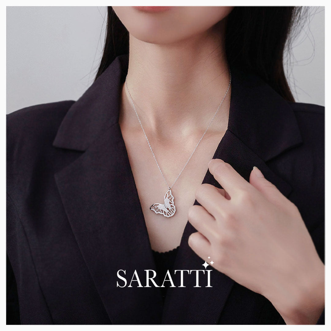 Model Wears the Butterfly Baron Silver Necklace | Saratti