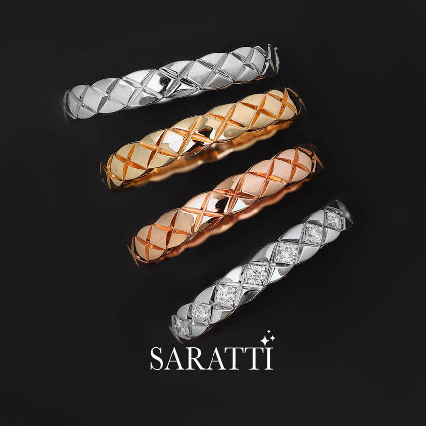 Diamond and Plain Versions Stacked - Hot Cross Diamond Eternity Wedding Bands | Saratti 