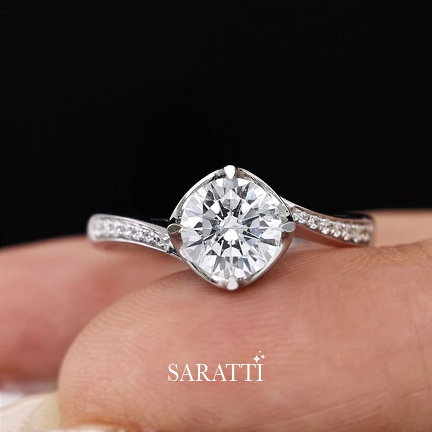 Ready To Ship Round Cut Diamond Engagement Ring on Finger | Saratti 