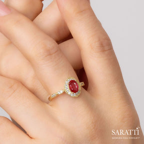 Oval Halo Prong Set Ruby Gold Ring | Saratti