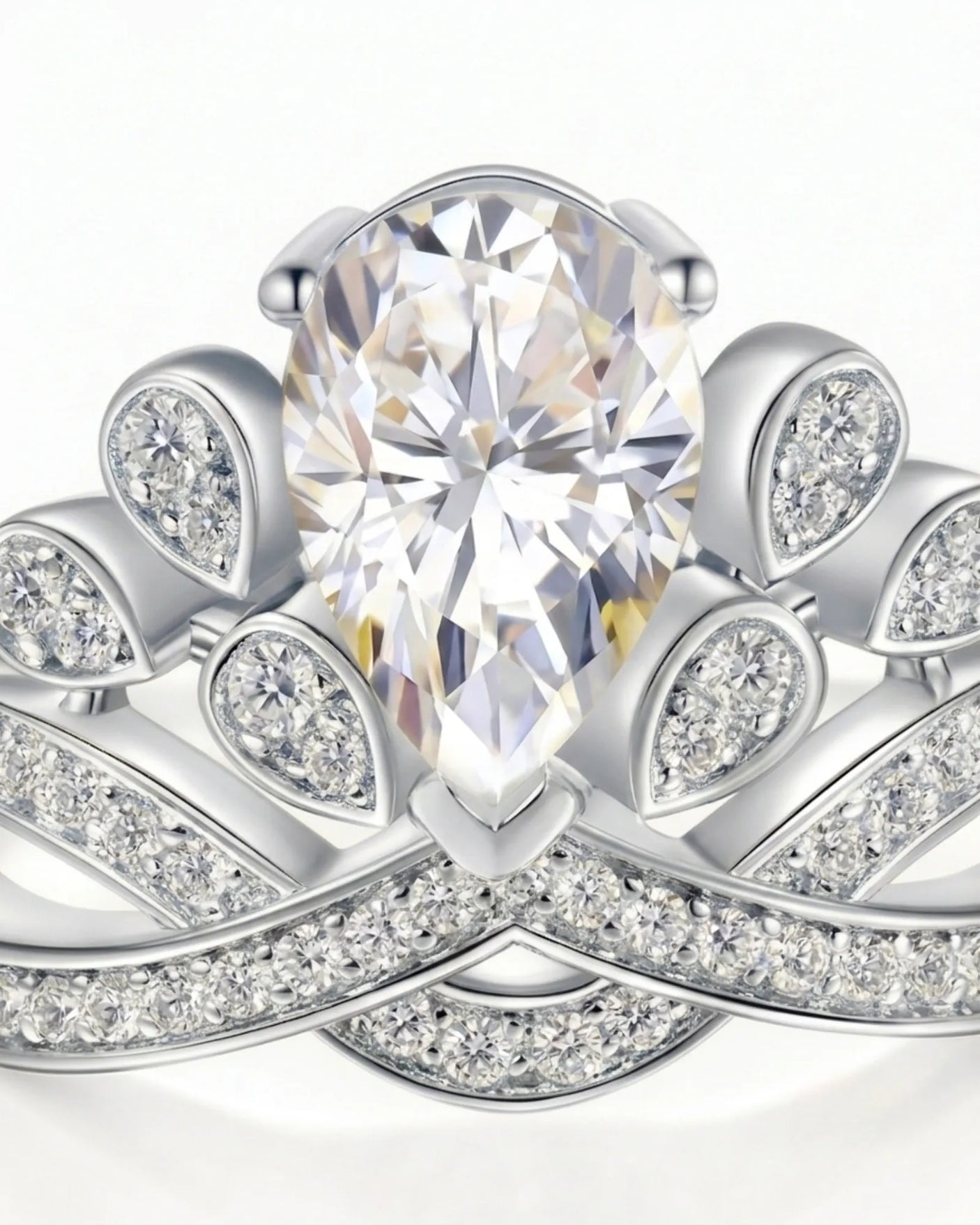 Sculptural crown moissanite ring with pavé ribbons and leaf motifs crafted in enduring platinum | SARATTI
