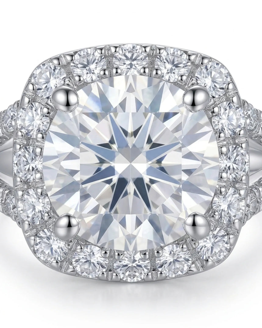 Sculptural cushion halo moissanite ring with open split shoulders crafted in enduring platinum | SARATTI