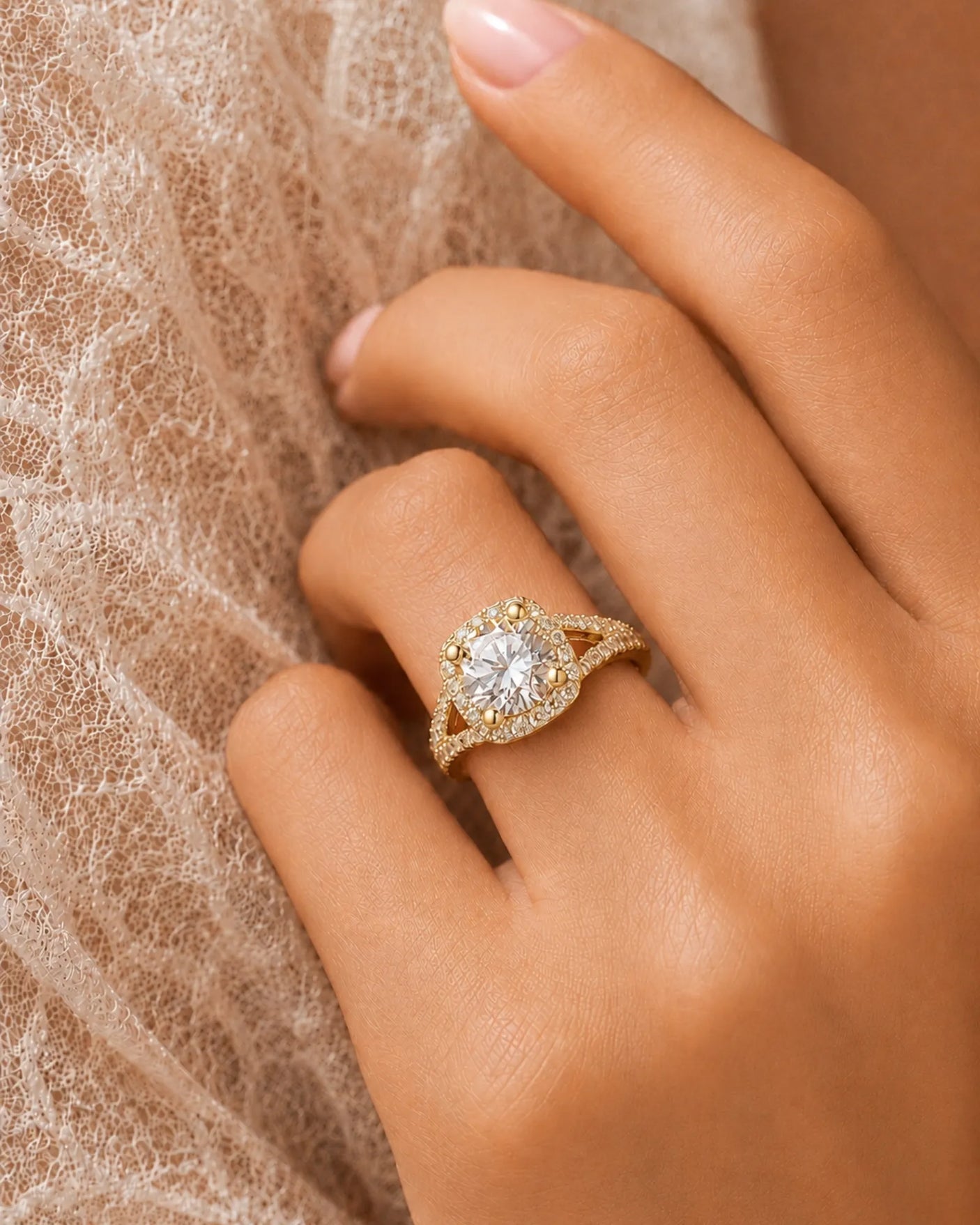 Sculptural cushion halo moissanite ring with open split shoulders in warm 18K yellow gold | SARATTI