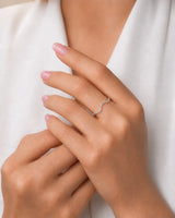 Sculptural pear moissanite engagement ring with split shank and curved wedding band in 18K white gold - SARATTI