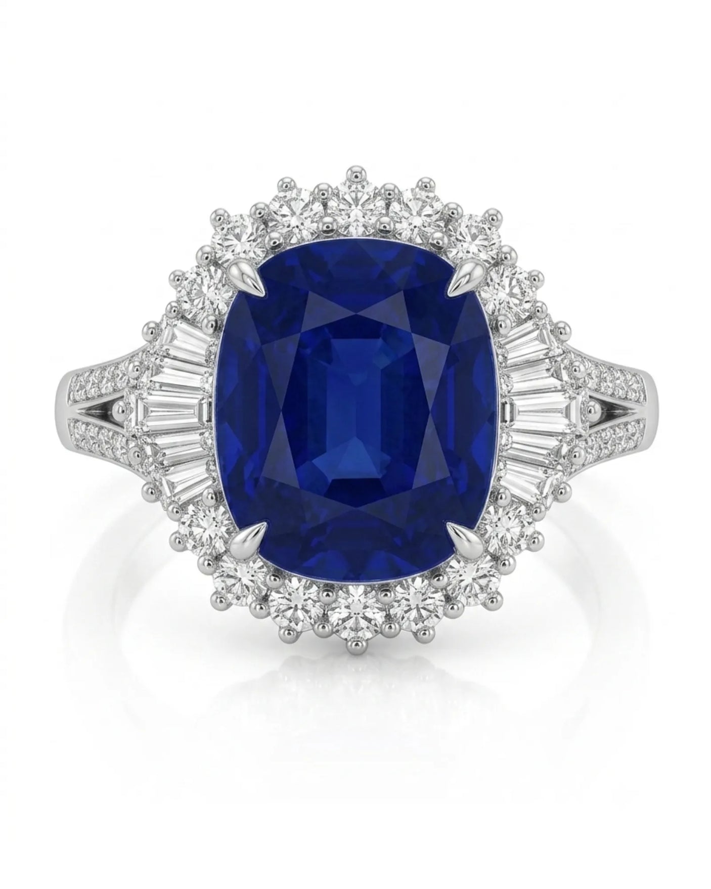Sculptural platinum sapphire ring featuring fan set baguette diamonds and brilliant round accents | SARATTI