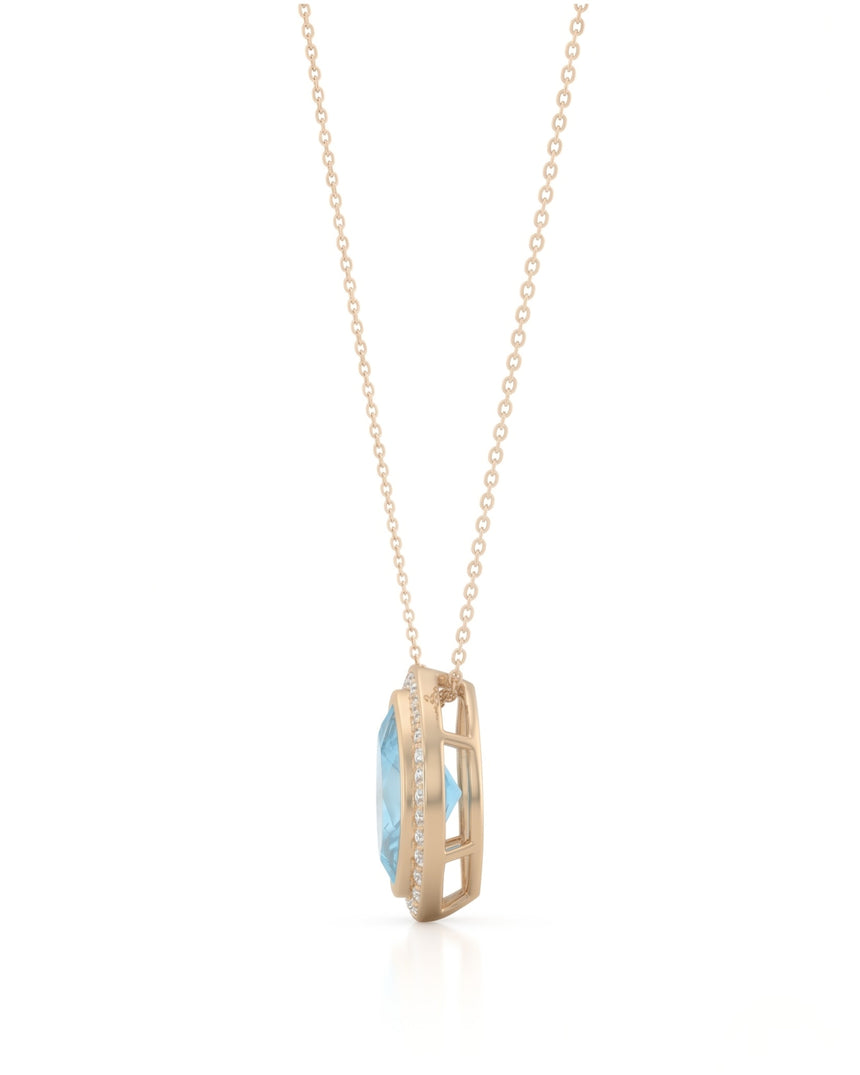 LUMÉA marquise cut Aquamarine diamond halo pendant necklace in Rose Gold, side profile | SARATTI