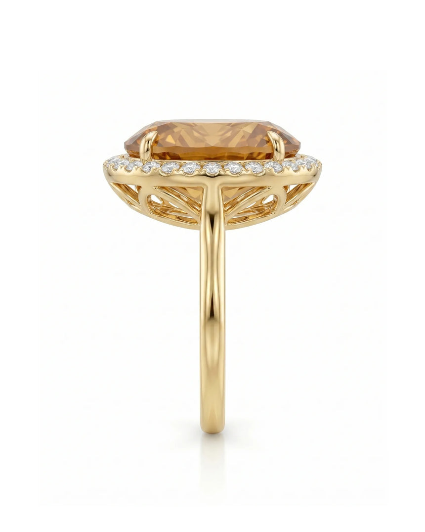 Side profile Imperial Topaz diamond halo ring elevated setting | SARATTI