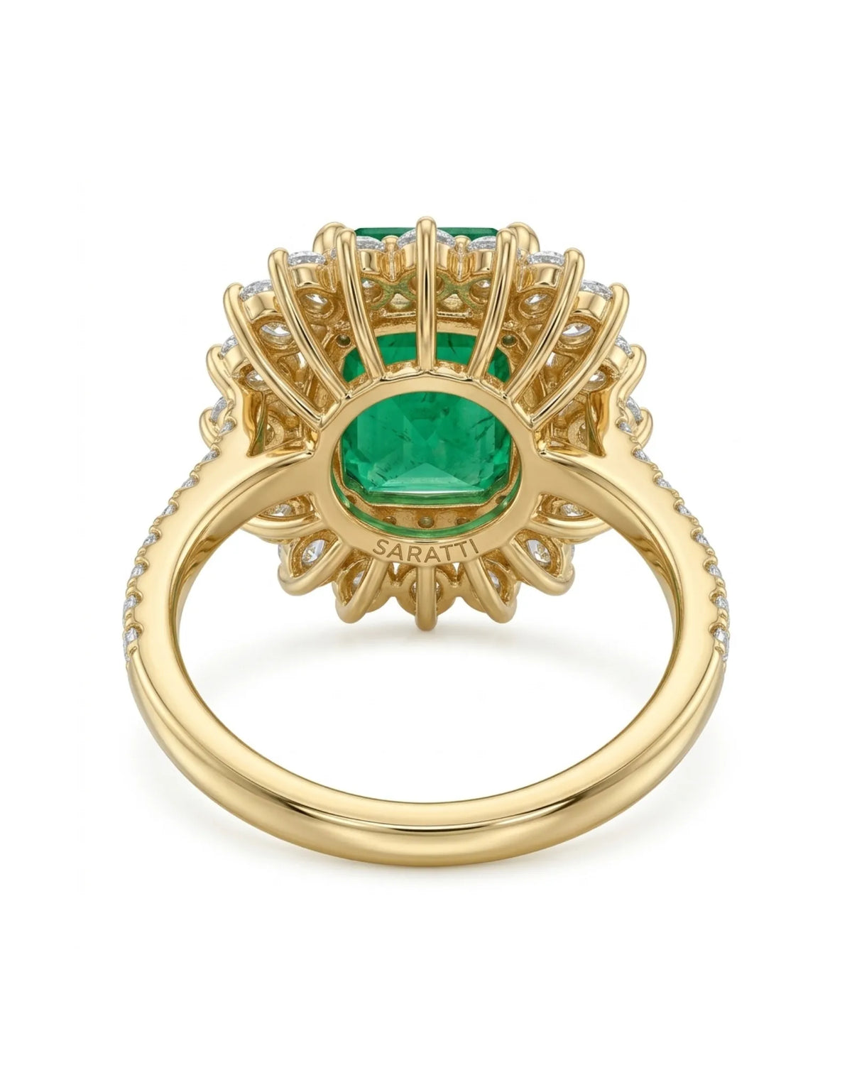 Side profile of CELESTINE emerald cocktail ring showing raised basket and diamond-set shoulders | SARATTI