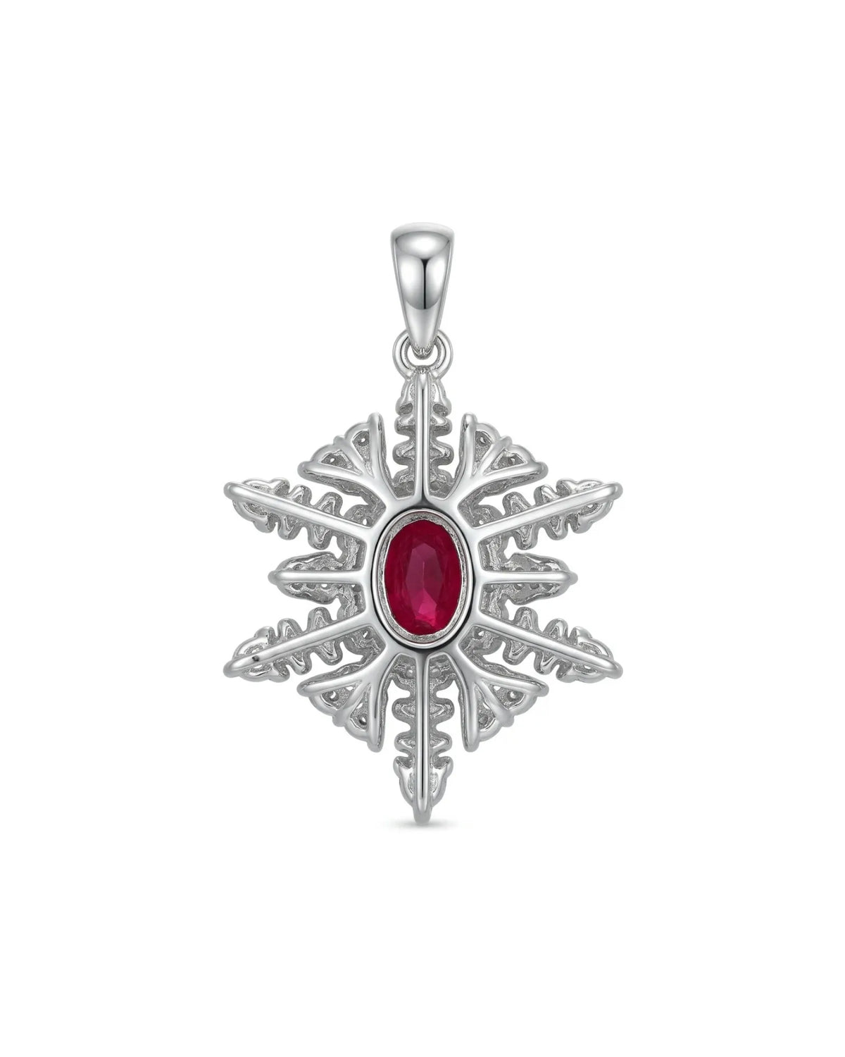 Side profile of ISADORA ruby diamond snowflake pendant showing raised gemstone and open setting structure - SARATTI