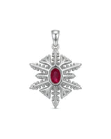 Side profile of ISADORA ruby diamond snowflake pendant showing raised gemstone and open setting structure - SARATTI
